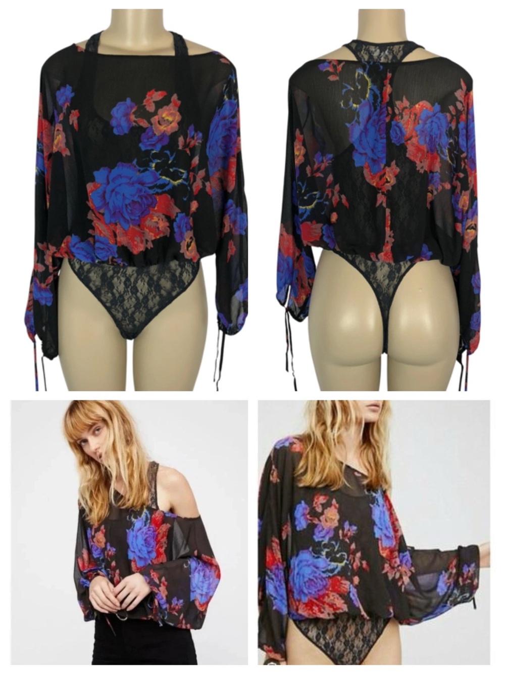 Free People Over Under Floral Lace Bodysuit Blouse Black Blue Cold Shoulder Med.